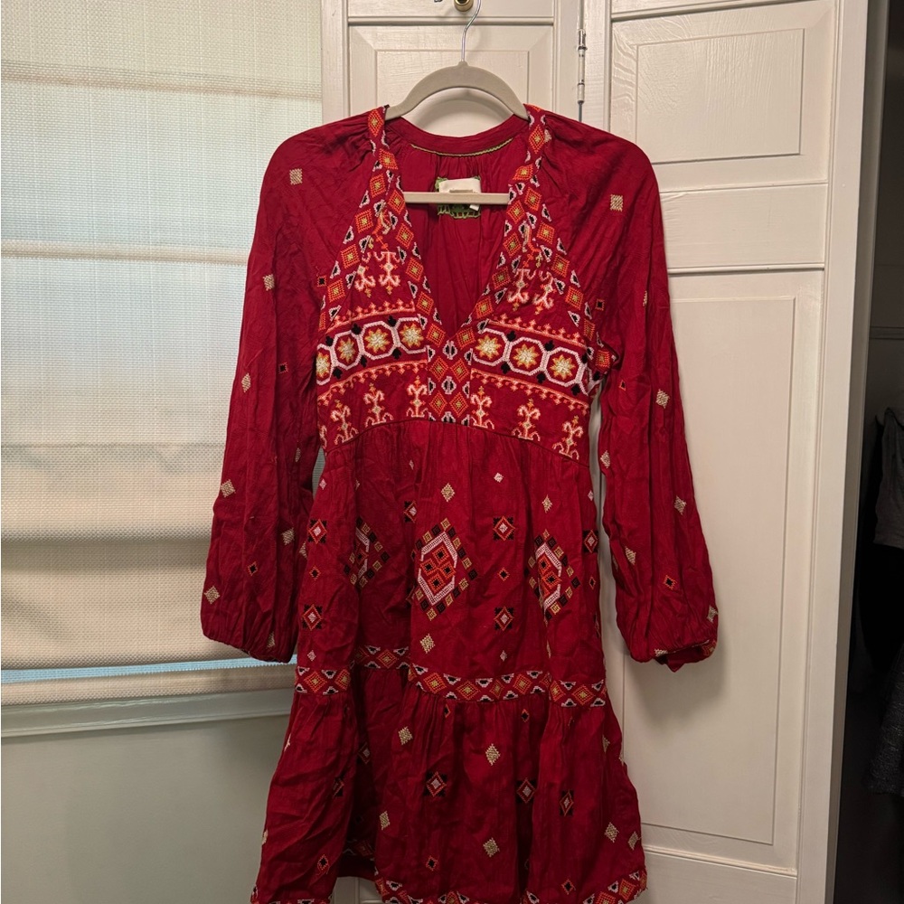 Anthropologie Red Patterned Long Sleeve Dress